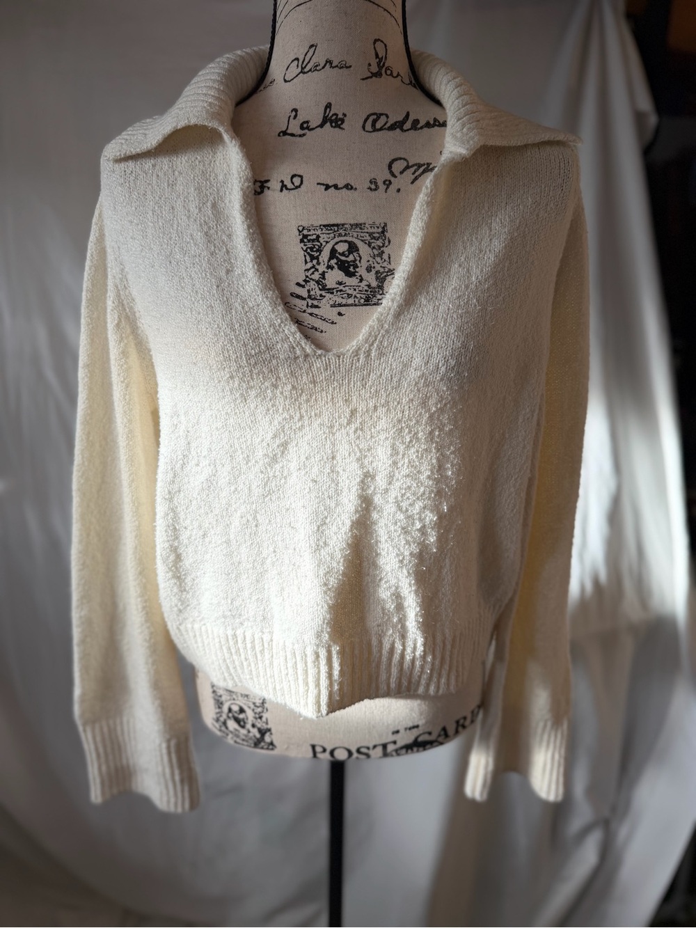 Ivory V-Neck Collared Knit Sweater